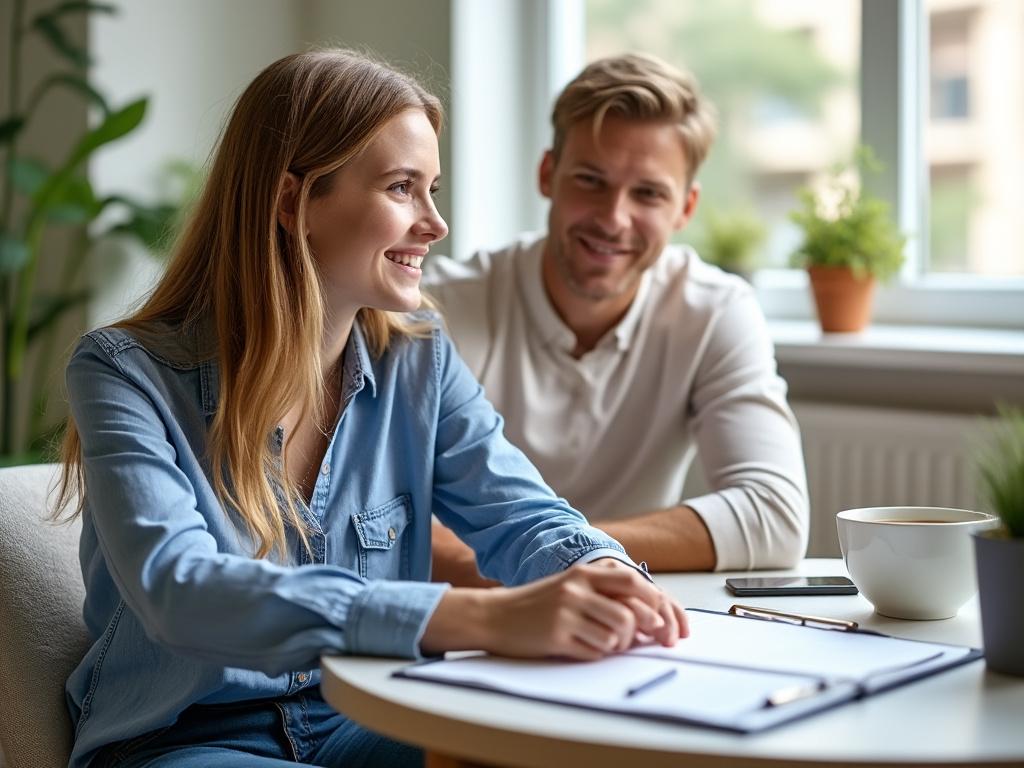 Smiling woman in denim shirt sitting at a table with documents, talking to a man in a bright room with plants.