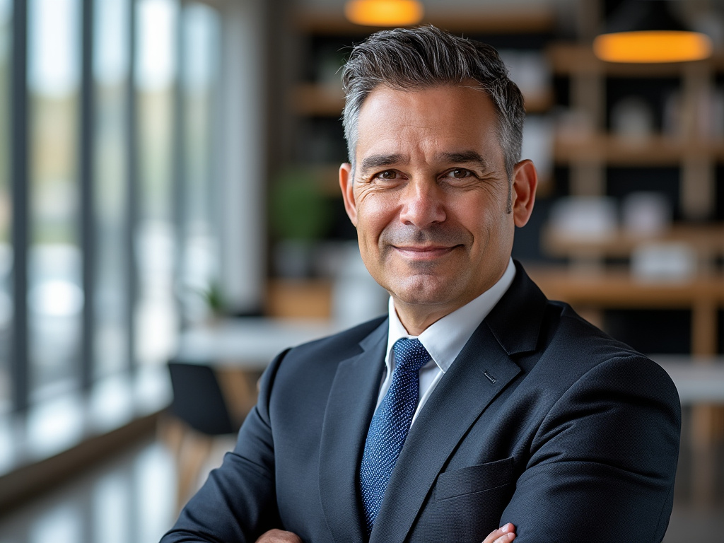 Hombre de negocios sonriente con traje y corbata azul en oficina moderna.