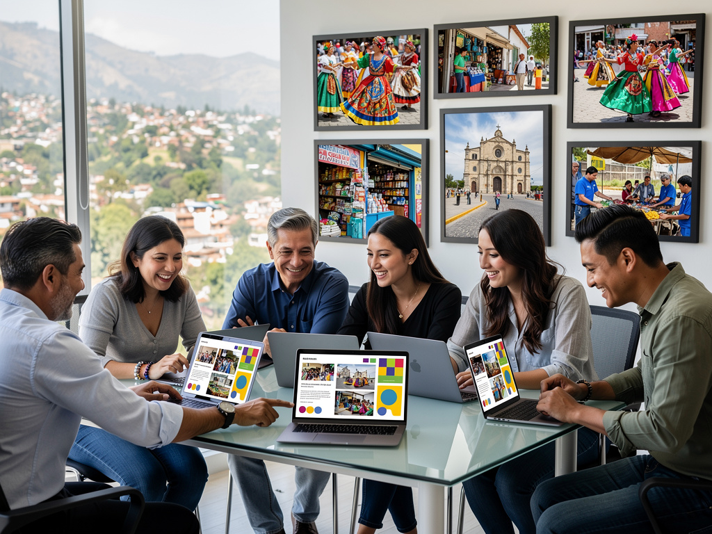 Equipo de marketing turístico en reunión con laptops, planificando promoción cultural de Guatemala con fotos de danzas, mercado e iglesia