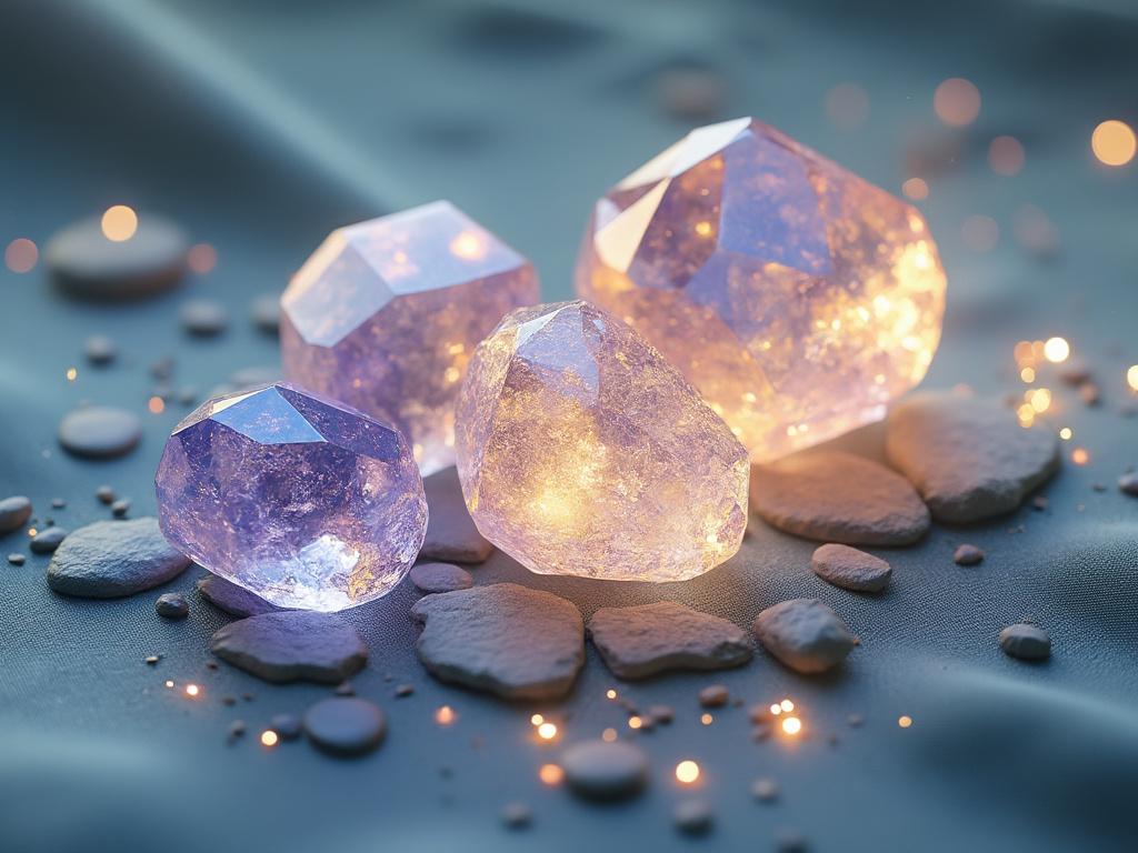 Glowing purple crystals on a textured surface surrounded by soft sparkles and smooth stones.