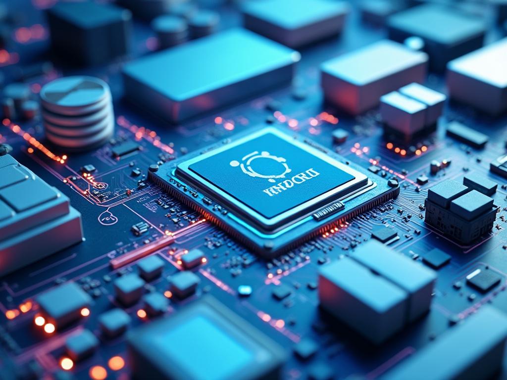 Primer plano de un microchip en una placa base iluminada con luces azules y naranjas, mostrando detalles de circuitos electrónicos.