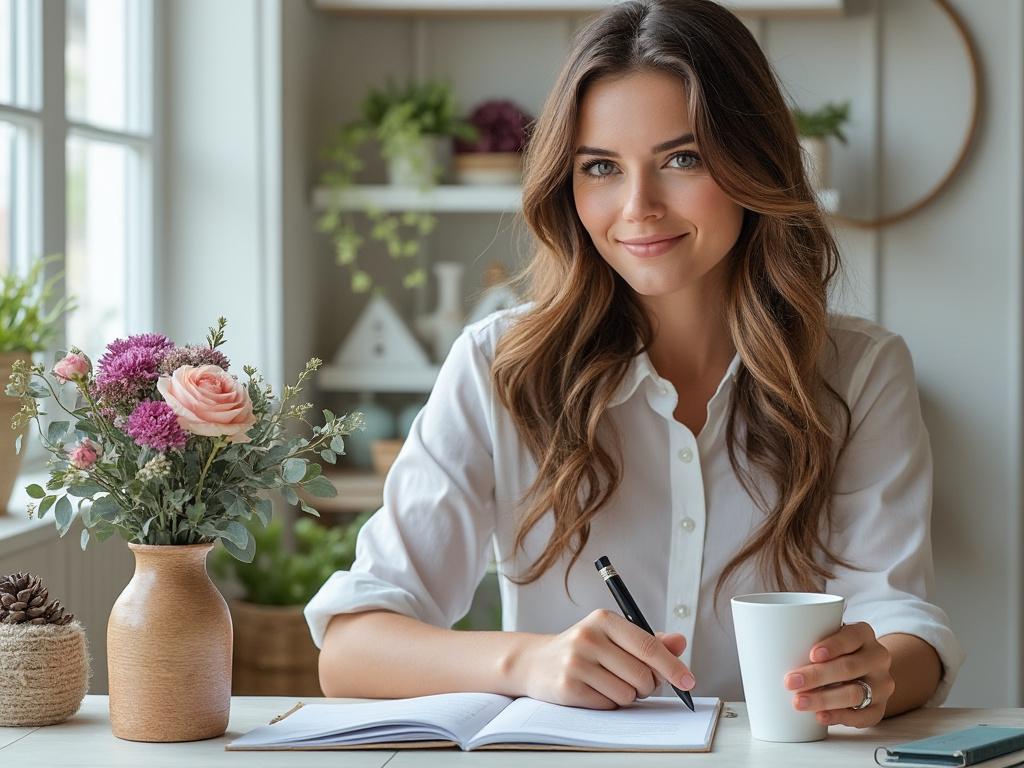 Mujer sonriendo sentada en una mesa con un cuaderno, taza y florero en un ambiente luminoso.