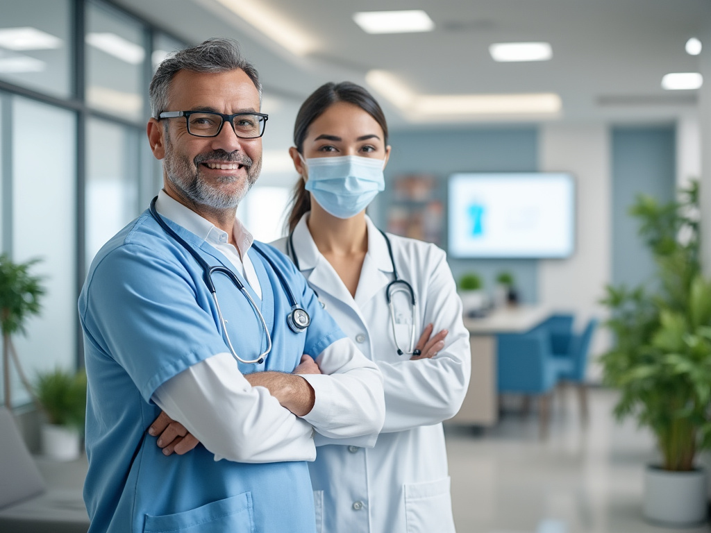 Doctores sonrientes con batas y estetoscopios en un entorno de hospital moderno.