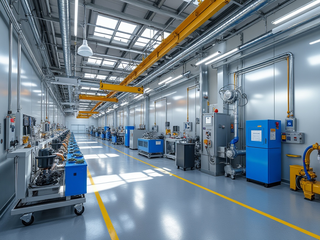 Planta industrial moderna con maquinaria, tuberías, grúa aérea amarilla y equipos azules en pasillo de producción iluminado