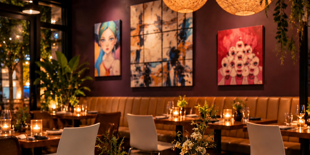 Cozy modern restaurant interior with candlelit tables, leather banquette seating, plants, pendant lights, and colorful wall art