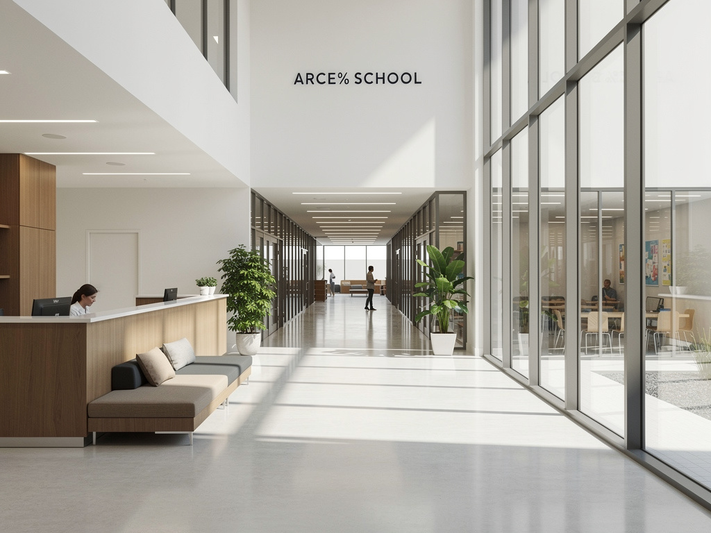 Vestíbulo moderno de ARCE% School con recepción, aulas acristaladas, plantas y luz natural