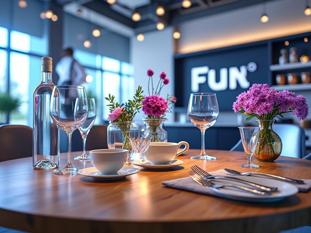 Elegant table setting with pink flowers, wine glasses, and dinnerware in a modern restaurant setting with 'FUN' sign in the background.