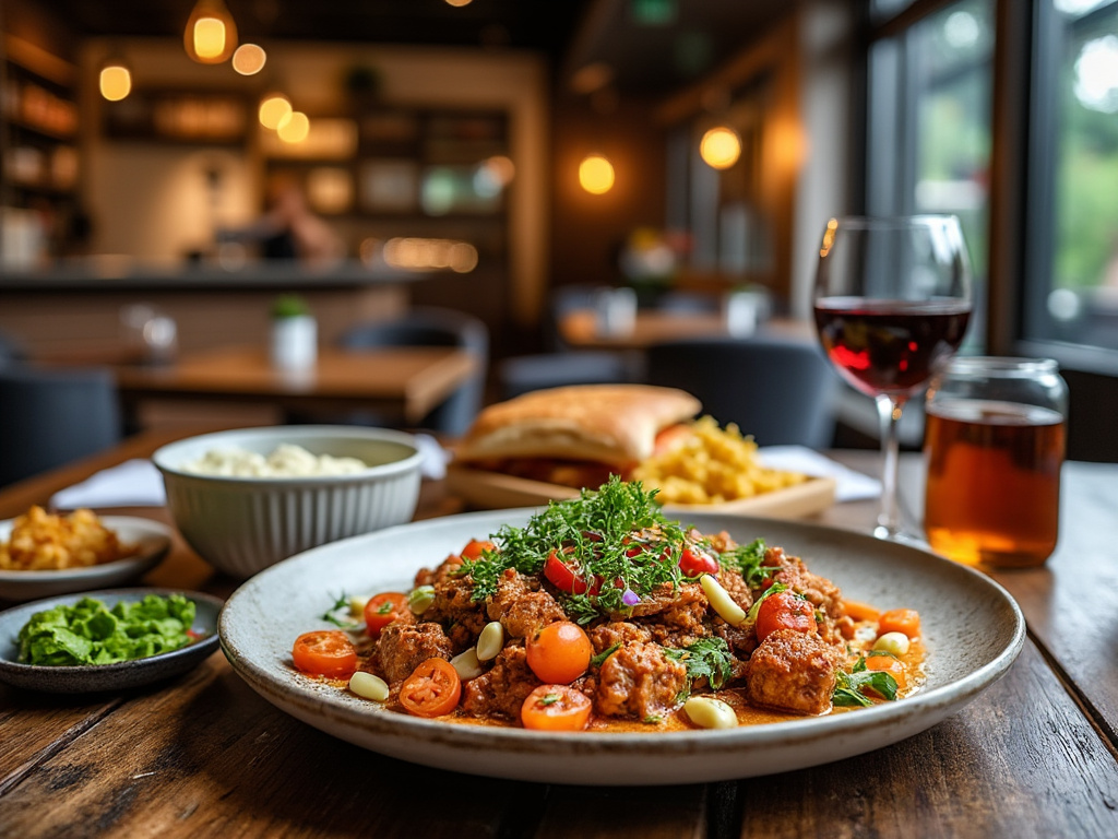 Plato de comida gourmet con carne y vegetales, acompañado de vino tinto y bebidas, sobre una mesa de restaurante elegante.