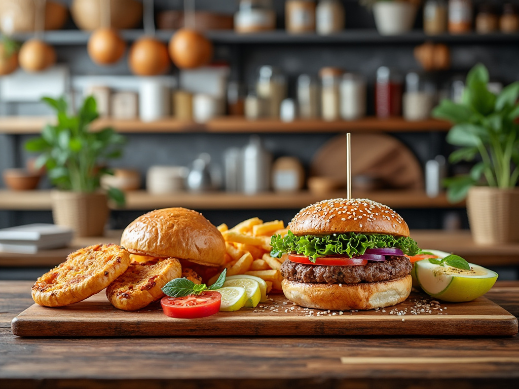 Hamburguesa vegetariana con lechuga, tomate y cebolla, acompañada de papas fritas y dos panes redondos, sobre una tabla de madera en un ambiente de cocina moderna.