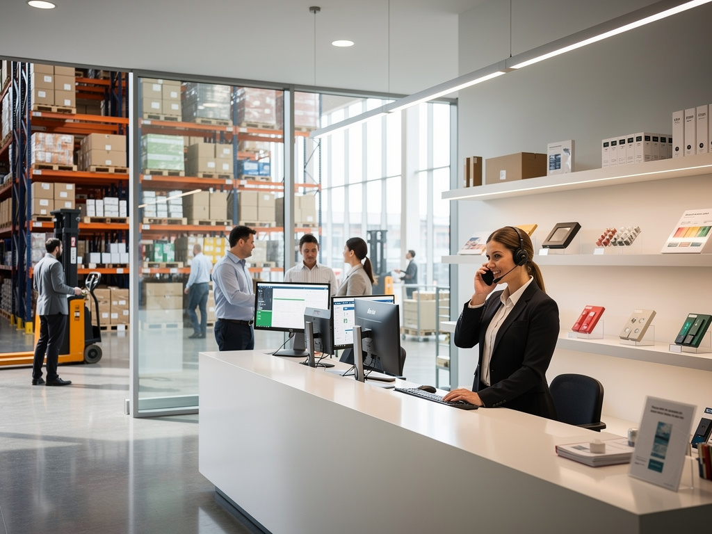 Recepcionista con auriculares en oficina moderna junto a almacén logístico con estanterías y cajas
