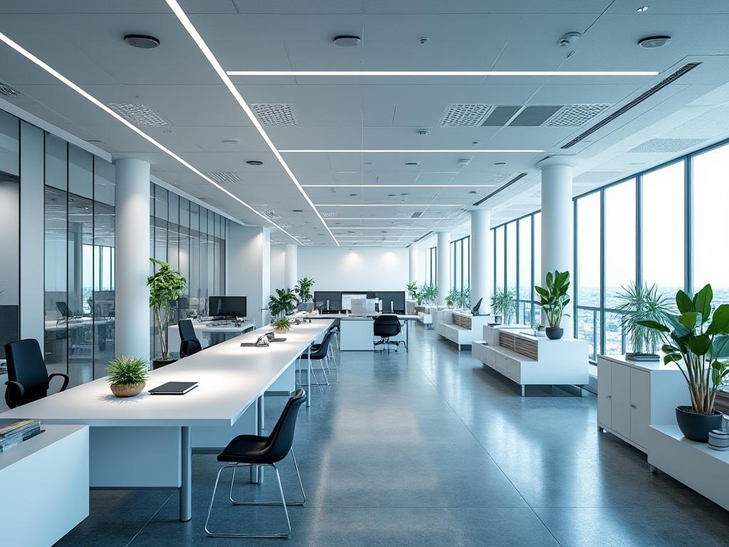 Oficina moderna y luminosa con escritorios blancos, plantas decorativas y grandes ventanales.