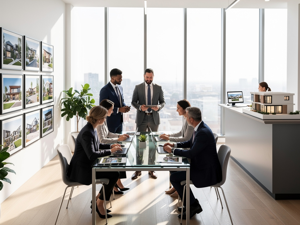 Equipo de agentes inmobiliarios en reunión de negocios en oficina moderna con maquetas de casas y planos arquitectónicos