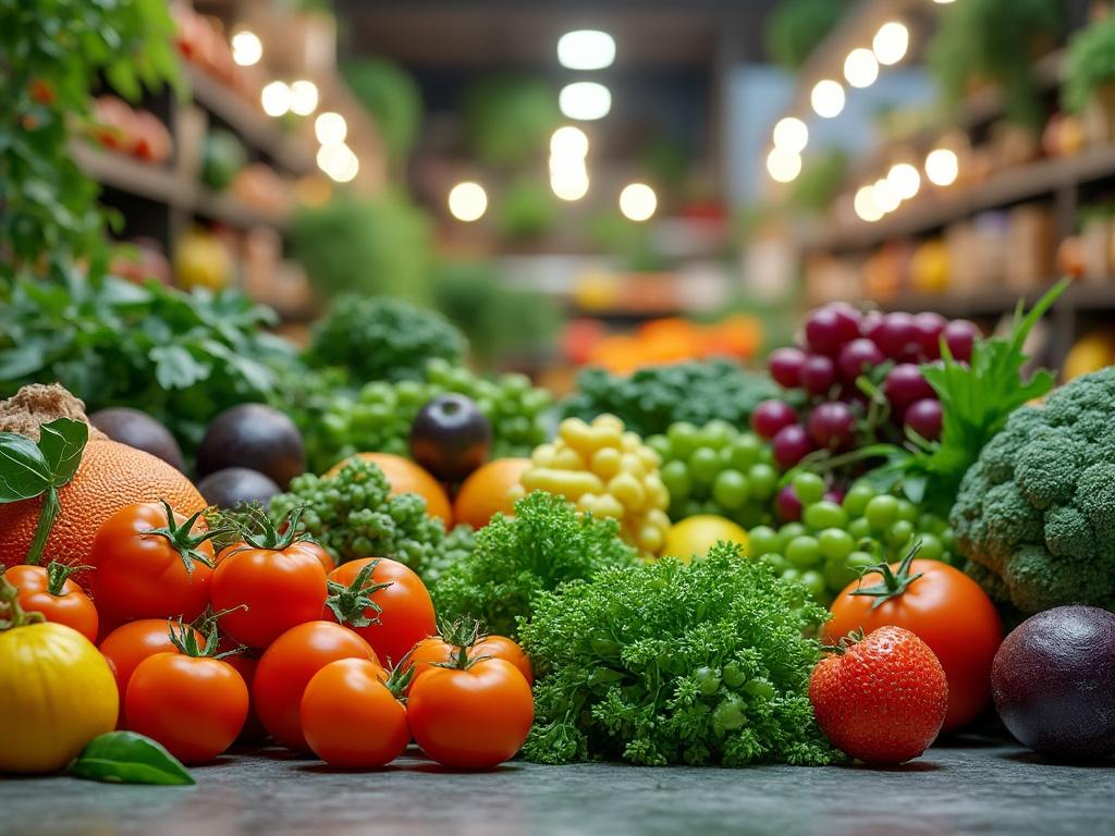 Variedad de frutas y verduras frescas en una tienda iluminada, incluyendo tomates, brócoli, uvas, perejil y aguacates.