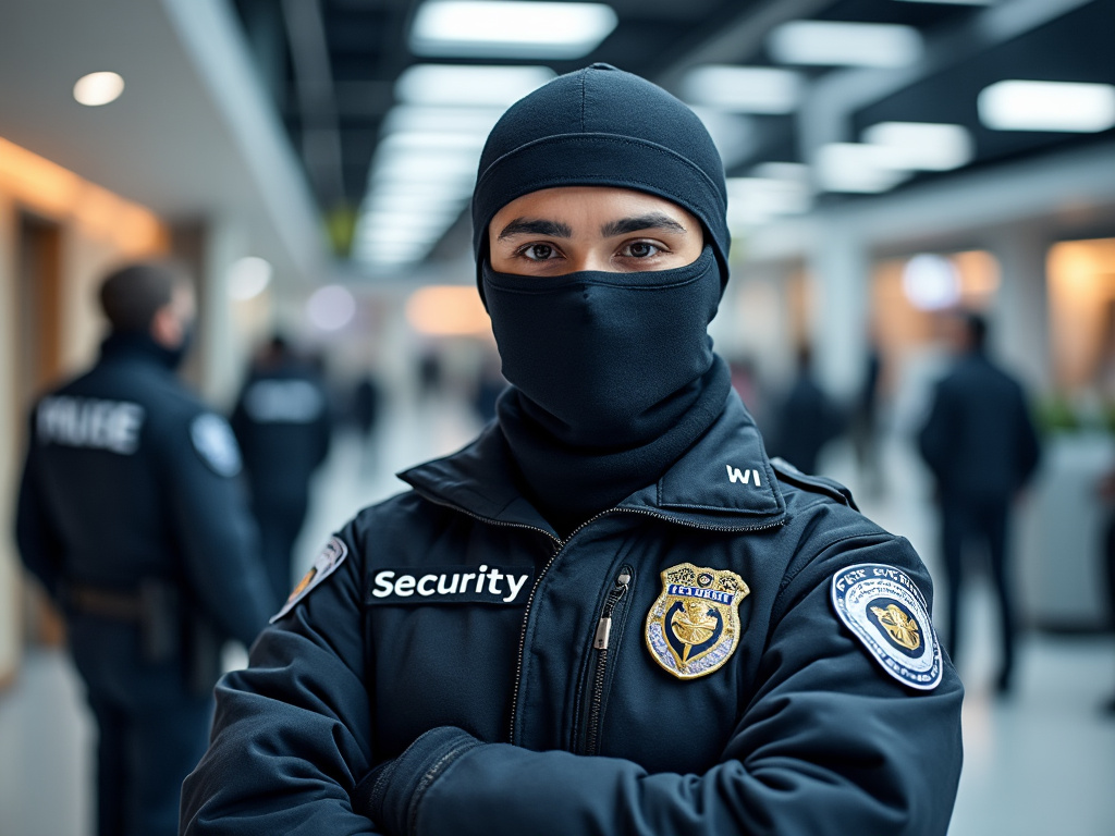 Guardia de seguridad enmascarado con uniforme negro en un edificio moderno, rodeado de otras personas de seguridad.