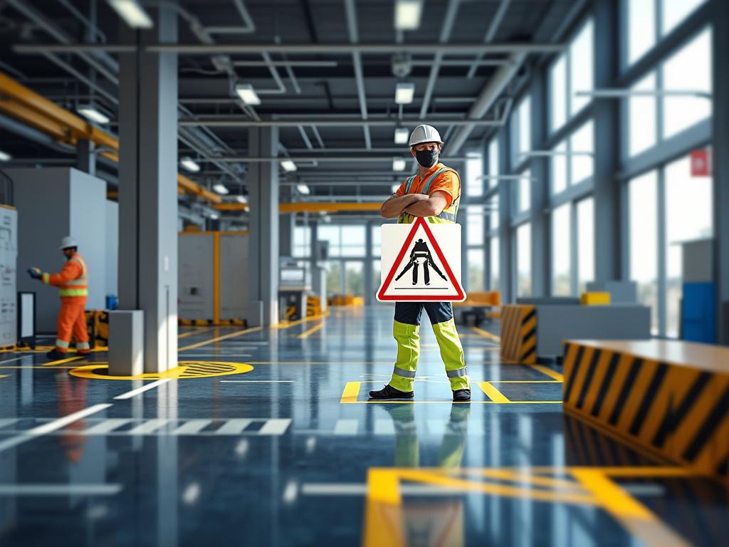 Trabajador de la construcción en un almacén industrial sosteniendo una señal de advertencia de obras viales, con equipo de seguridad e indumentaria protectora.