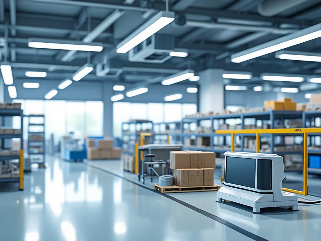 Almacén moderno con estanterías llenas de cajas y un monitor en primer plano, suelo brillante y luces LED en el techo.