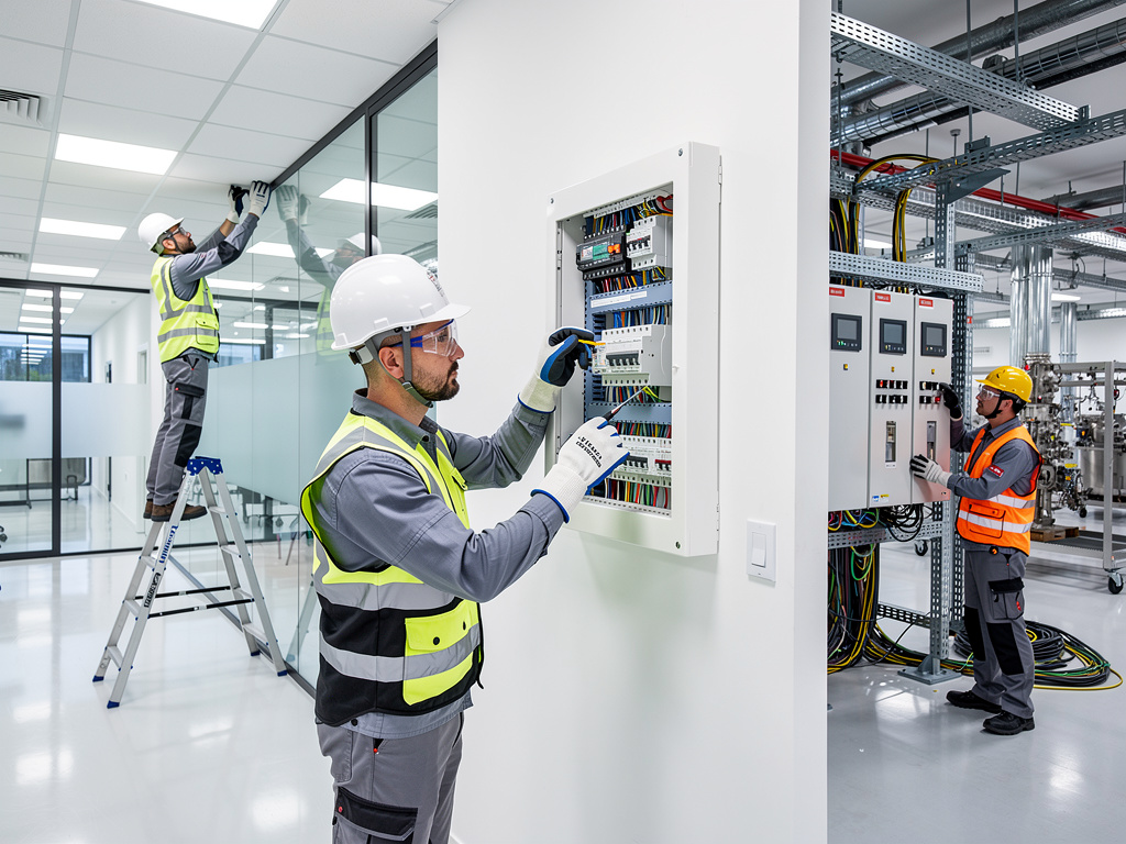 Técnicos electricistas con cascos y chalecos de seguridad instalando y revisando paneles eléctricos y cableado en oficina moderna