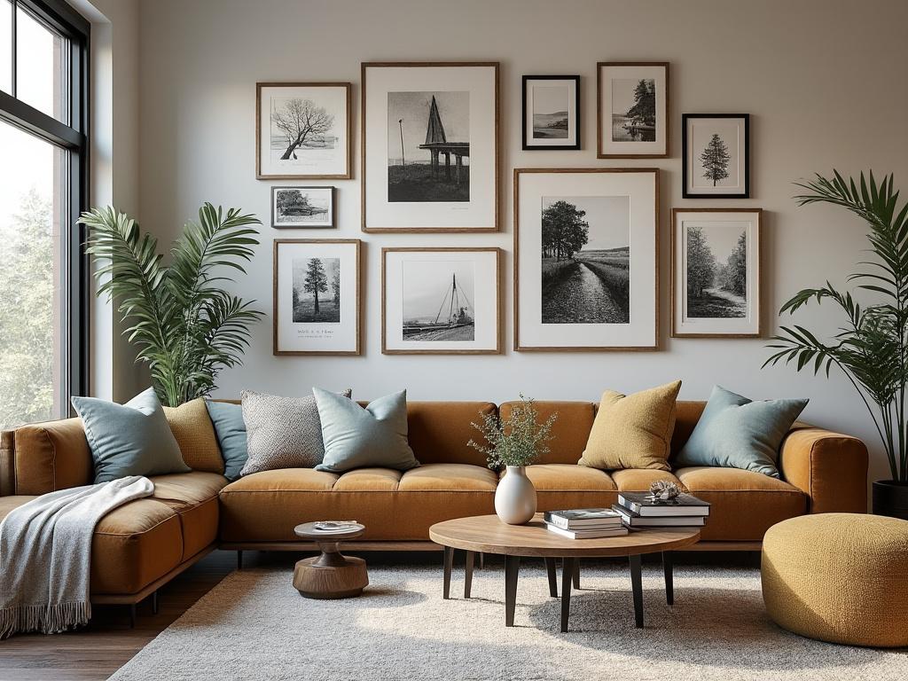 Modern living room with a mustard yellow sectional sofa, blue and beige pillows, a wooden coffee table, and a gallery wall of framed black and white photos.
