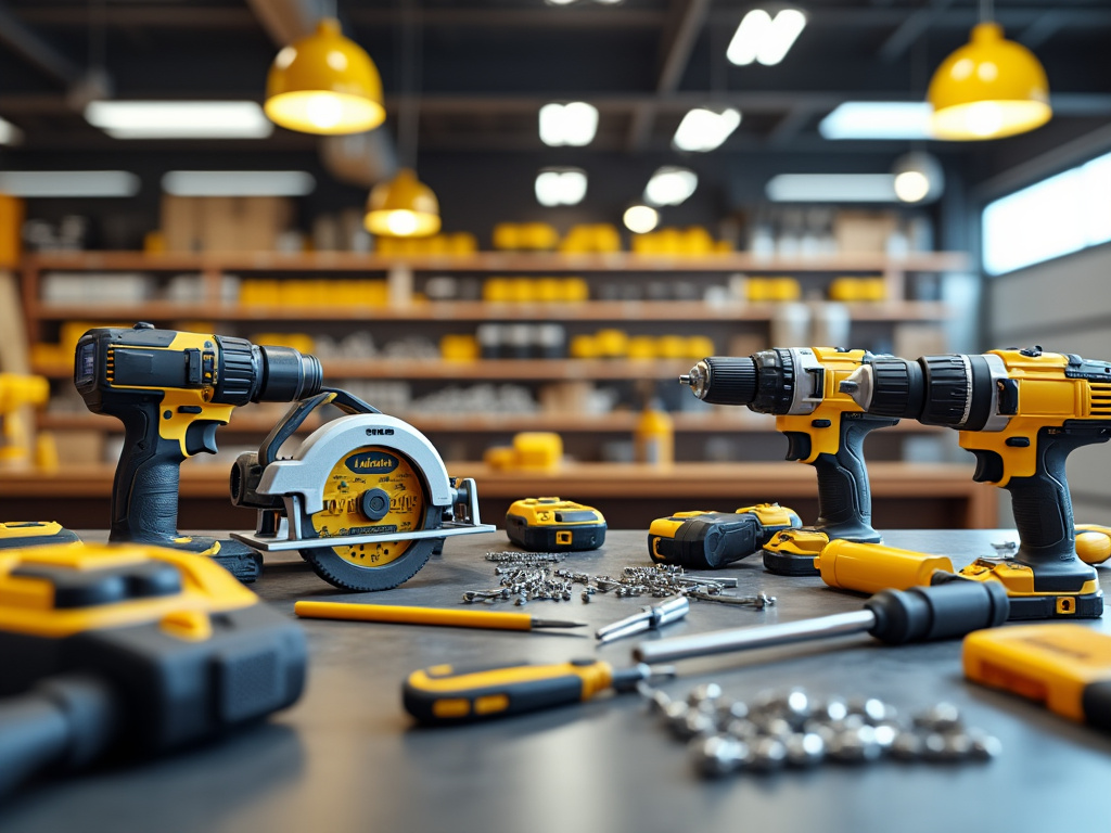 Herramientas eléctricas amarillas en un taller, incluyendo taladros y una sierra circular, con tornillos y pernos en una mesa.