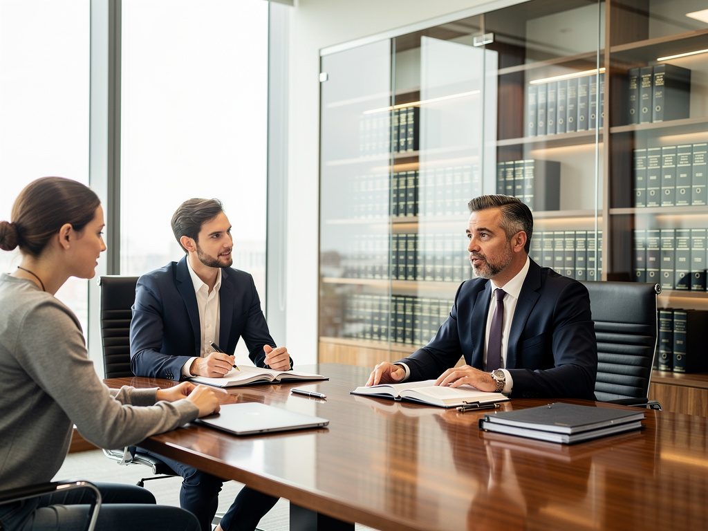 Reunión de abogados con clientes en despacho moderno con mesa de madera y estanterías legales