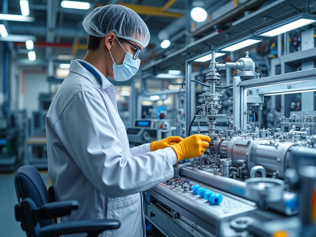 Technician wearing protective gear operating machinery in a high-tech lab setting.
