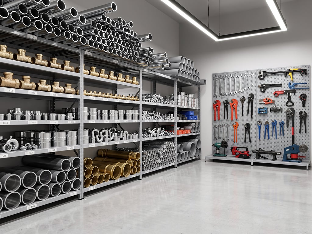 Organized plumbing supply warehouse with metal pipes, brass fittings, and tools displayed on shelves and pegboard