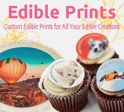 Cupcakes with custom edible prints featuring pet photos and a hot air balloon.