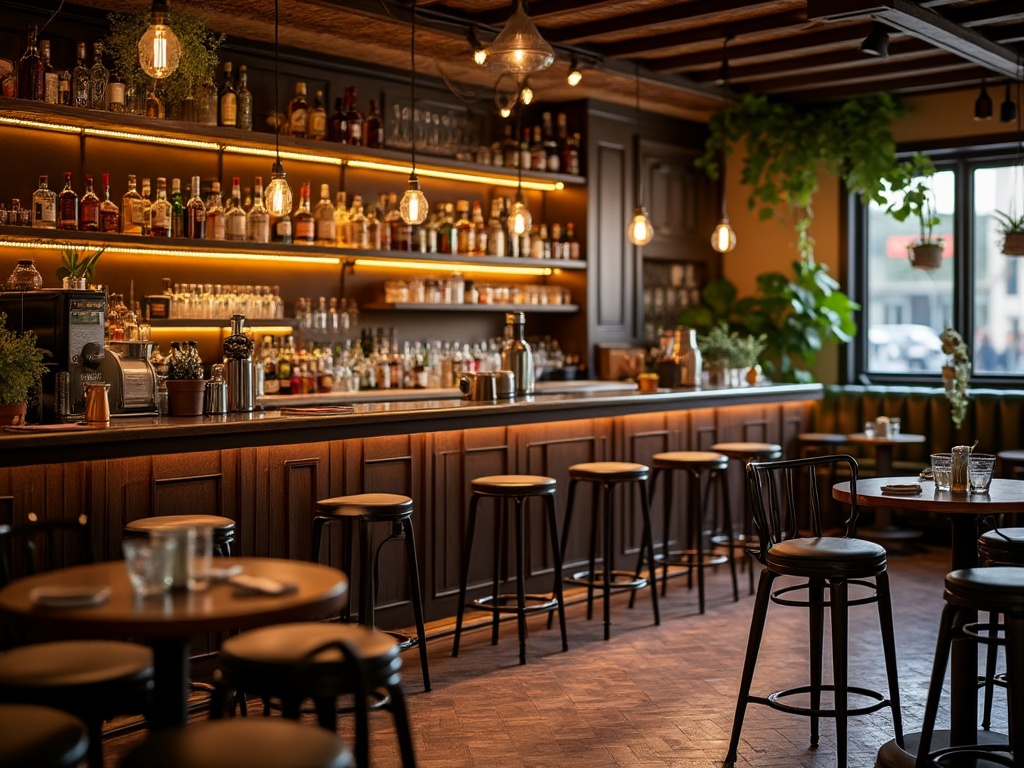 Elegante interior de bar con iluminación cálida, estanterías repletas de botellas y plantas decorativas.