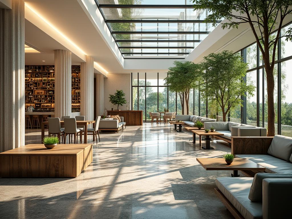 Espacioso lobby moderno con sofás, mesas de madera y plantas, iluminación natural desde techo de vidrio y grandes ventanales.
