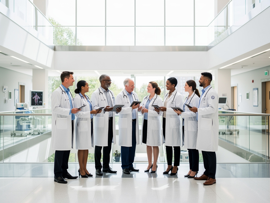 Equipo médico atendiendo a pacientes en consulta clínica moderna