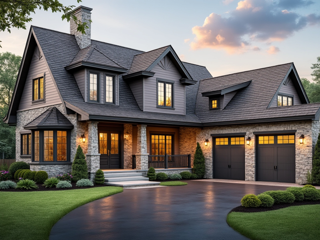Modern two-story suburban house with stone facade, dark shingle roof, and illuminated garage doors at sunset.