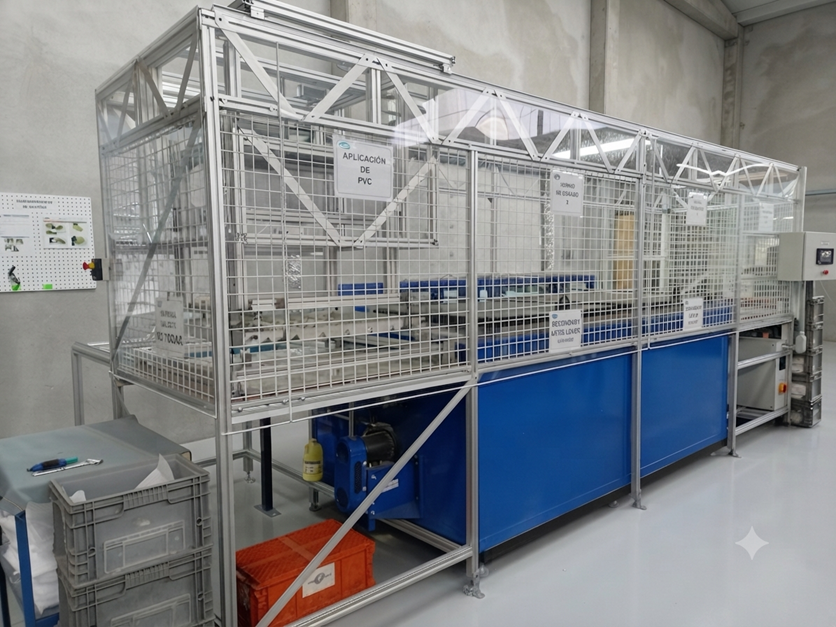 Proyecto llave en mano, concepción, diseño, fabricación, programación, configuración y puesta en marcha de maquinaria para aplicación de PVC en componentes automotrices.
