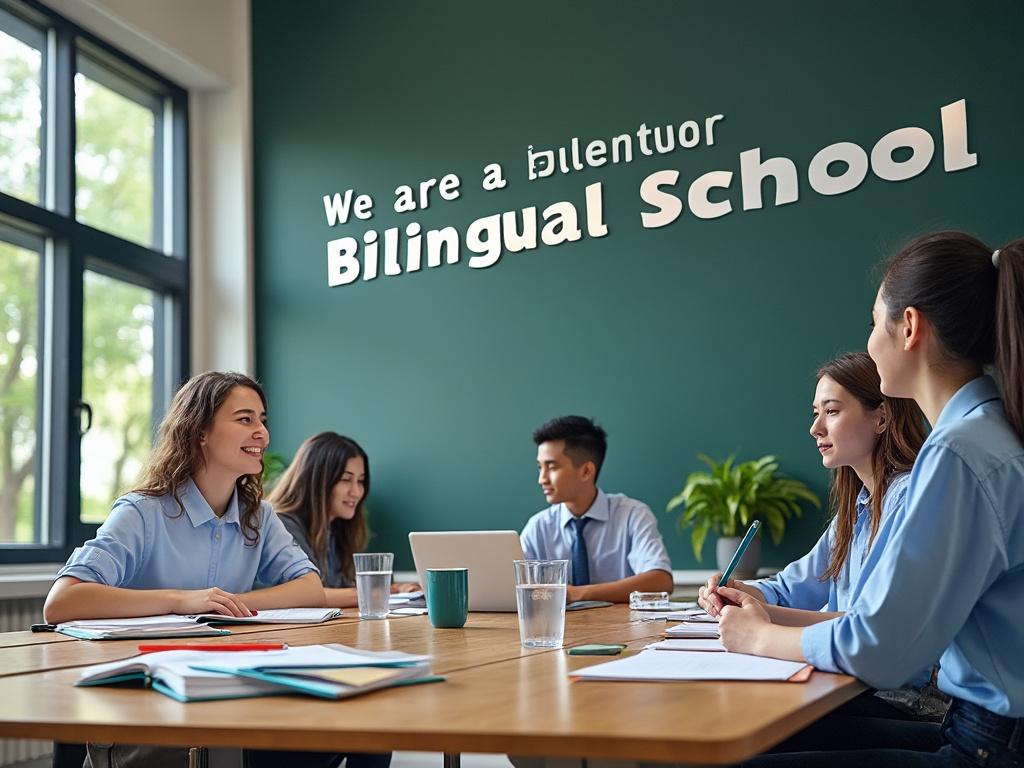 Estudiantes en una escuela bilingüe, trabajando juntos en una mesa con libros y computadoras, bajo un cartel que dice 'Bilingual School'.