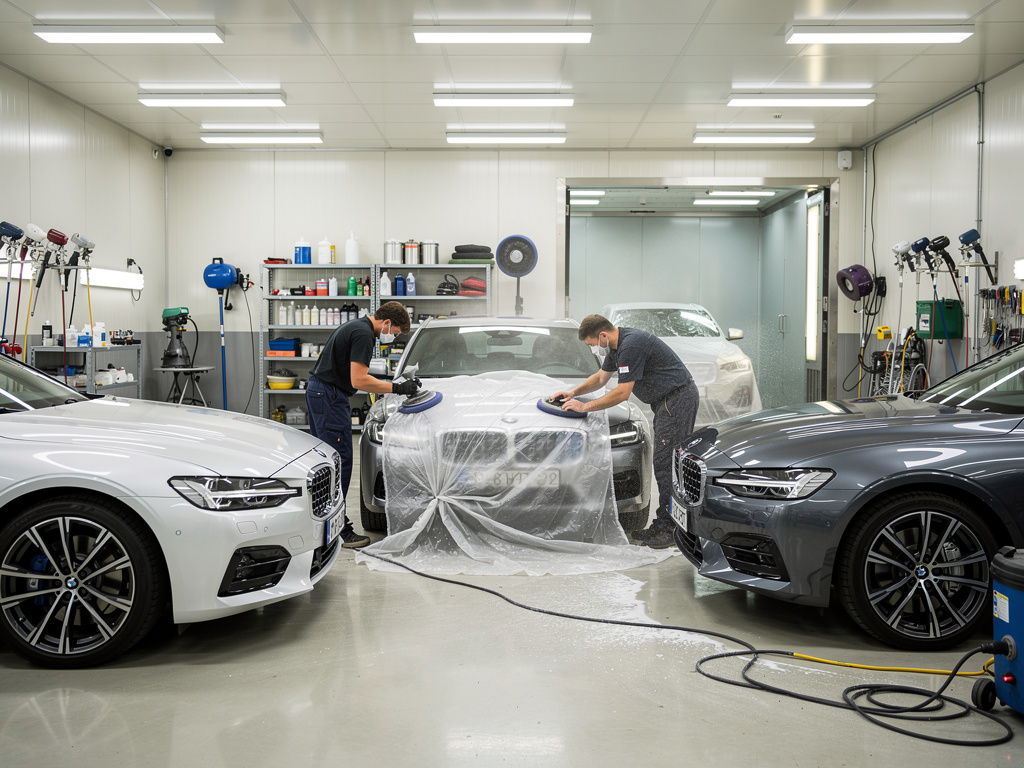 Taller de detailing automotriz con técnicos puliendo un coche BMW protegido con plástico entre varios vehículos de lujo