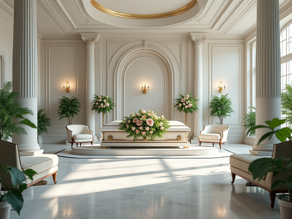 Sala elegante con ataúd rodeado de flores y muebles clásicos.
