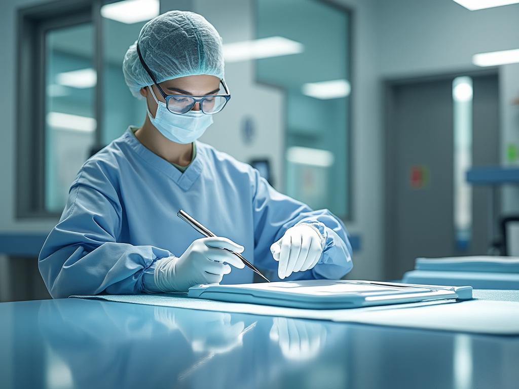 Cirujano trabajando en una sala de operaciones, vistiendo vestimenta médica estéril, incluyendo guantes y mascarilla, manipulando instrumentos quirúrgicos.