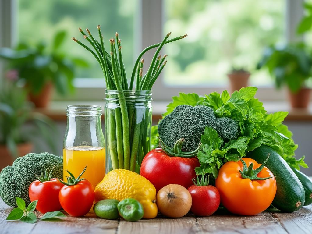 Variedad de verduras frescas, incluyendo brócoli, tomates, pepino, cebolla y un vaso de jugo de naranja sobre una mesa de madera.