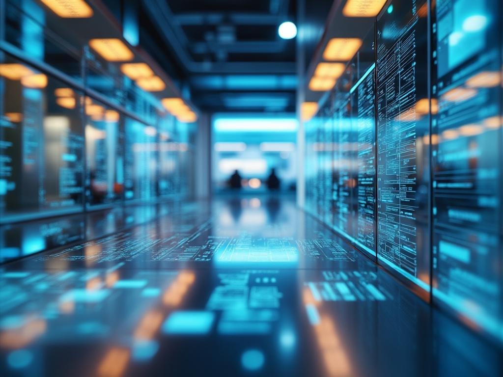 Centro de datos moderno con pantallas iluminadas mostrando código y luces azules ambientadas. Centro de datos moderno con pantallas iluminadas mostrando código y luces azules ambientadas.