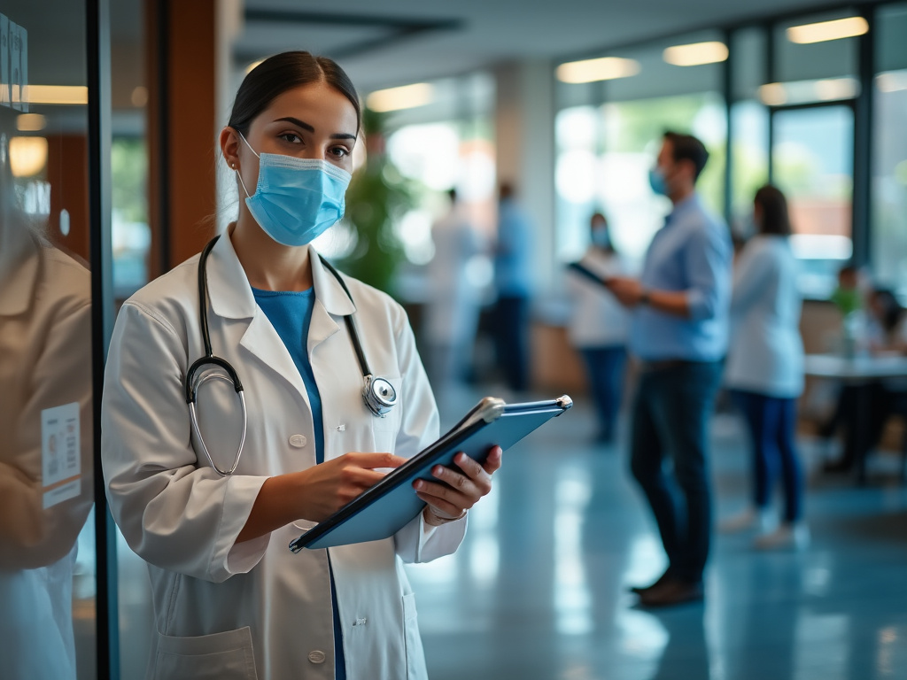 Doctora con mascarilla y estetoscopio en hospital, revisando una carpeta; fondo con personal médico.