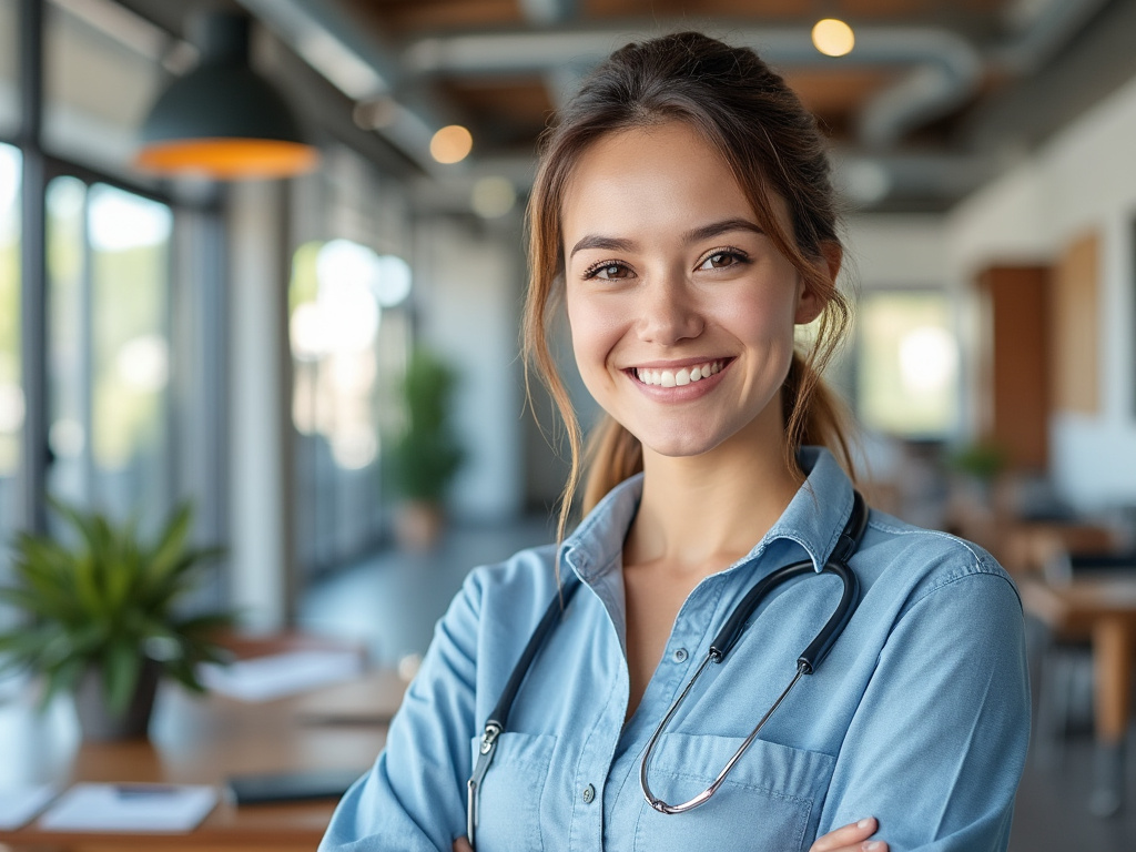 Smiling woman with stethoscope in a modern office, showcasing a professional healthcare setting. Smiling woman with stethoscope in a modern office, showcasing a professional healthcare setting.