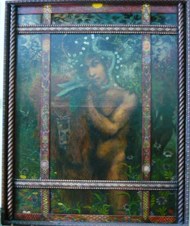 Adam 
Artist: William Girard
Oil on Panel  1967
44 x 39.5 in.
Note: The upper portion -- with the portrait -- was painted first, then the body was as added, as can be seen where the panel meets.  The other panels were added and covered by the frame that subdivides the picture.  “Frames give paintings houses to live in.  I build the hoses to suit the paintings.”  “Sometimes the paintings grow and I add on.  Sometimes the painting is too large and needs to be cut down.” (Notes provided courtesy of Michael Curtis.)