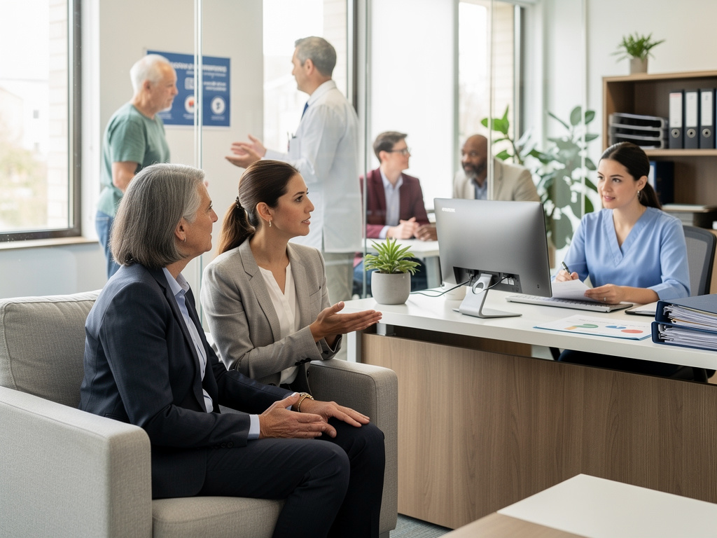 Patients discussing healthcare options with nurse at modern medical office reception Patients discussing healthcare options with nurse at modern medical office reception