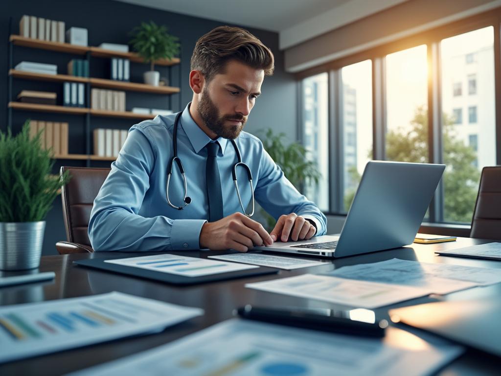 Médico con estetoscopio trabajando en portátil en oficina moderna con luz natural.