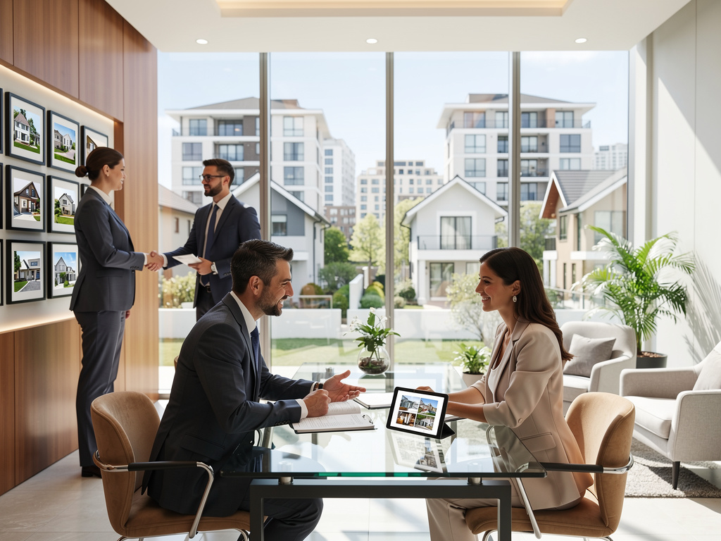 Agentes inmobiliarios atendiendo clientes en oficina moderna con grandes ventanales y vistas a viviendas residenciales