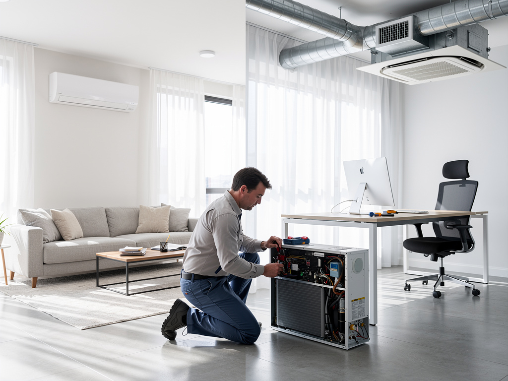 Técnico reparando sistema de aire acondicionado en sala de estar y oficina moderna con conductos de ventilación visibles