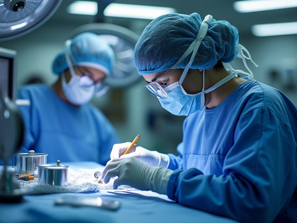 Cirujanos realizando una operación en una sala de quirófano moderna, enfocados en su trabajo.