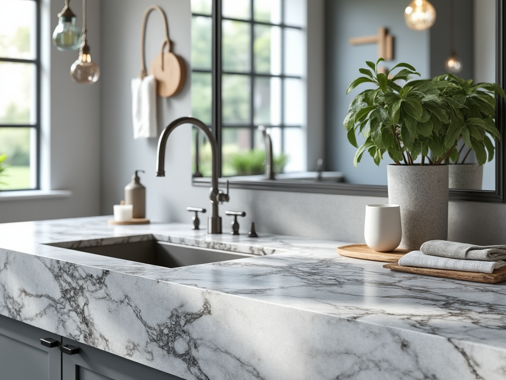 Modern bathroom vanity with marble countertop, black faucet, potted plant, mirror, and pendant lighting
