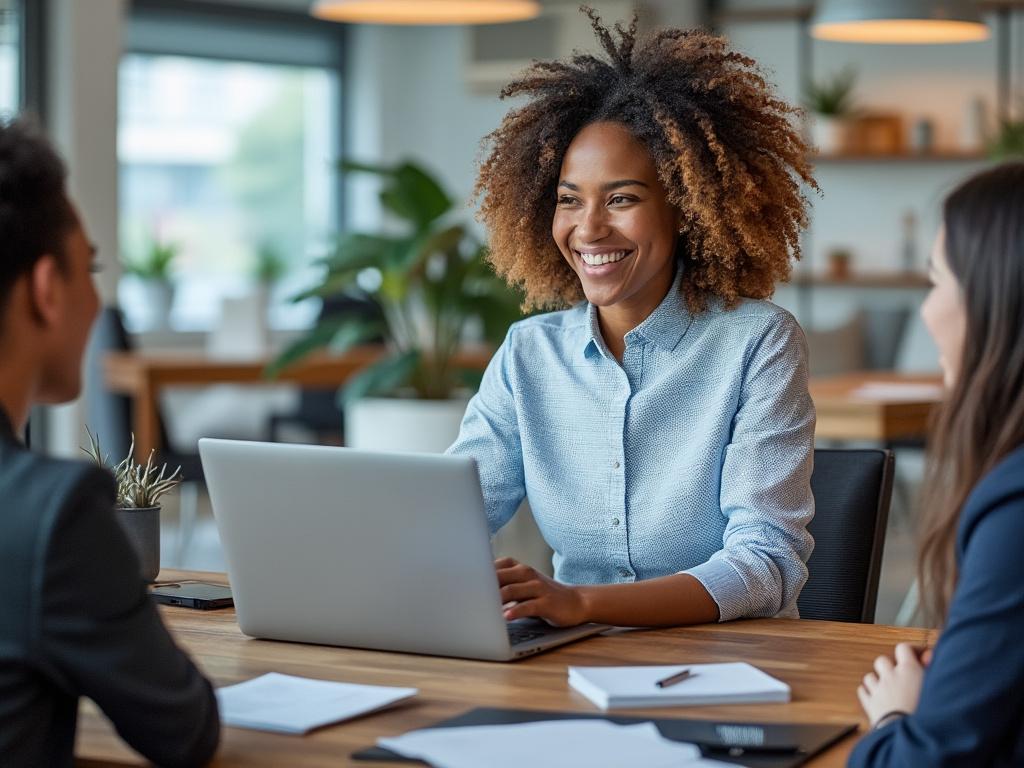 Woman smiling during a business meeting, sitting at a desk with a laptop in a modern office.