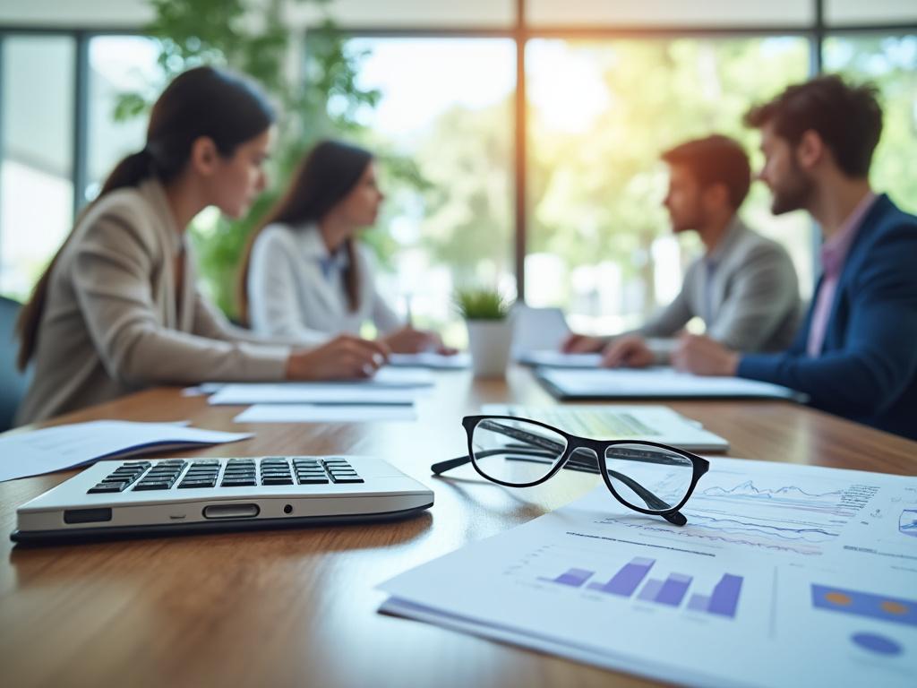 Reunión de negocios con documentos, calculadora y gafas en una mesa de madera, personas trabajando en segundo plano.
