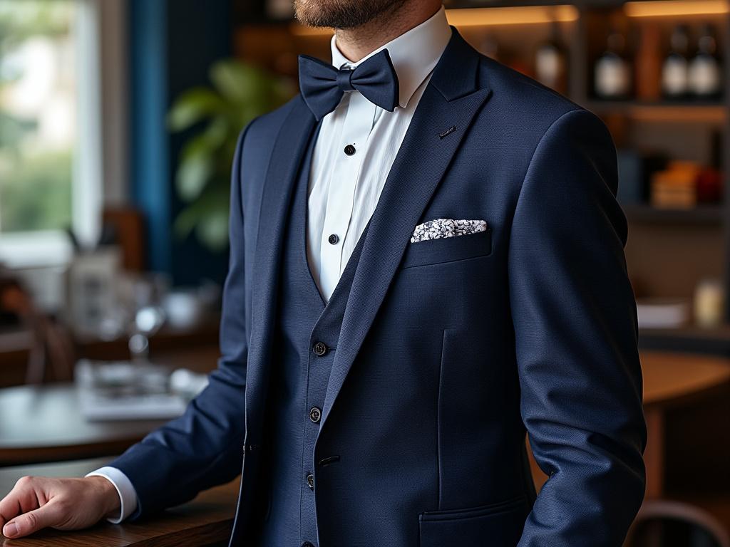 Hombre elegante con traje azul oscuro, camisa blanca y pajarita, apoyado en una mesa en un ambiente sofisticado.
